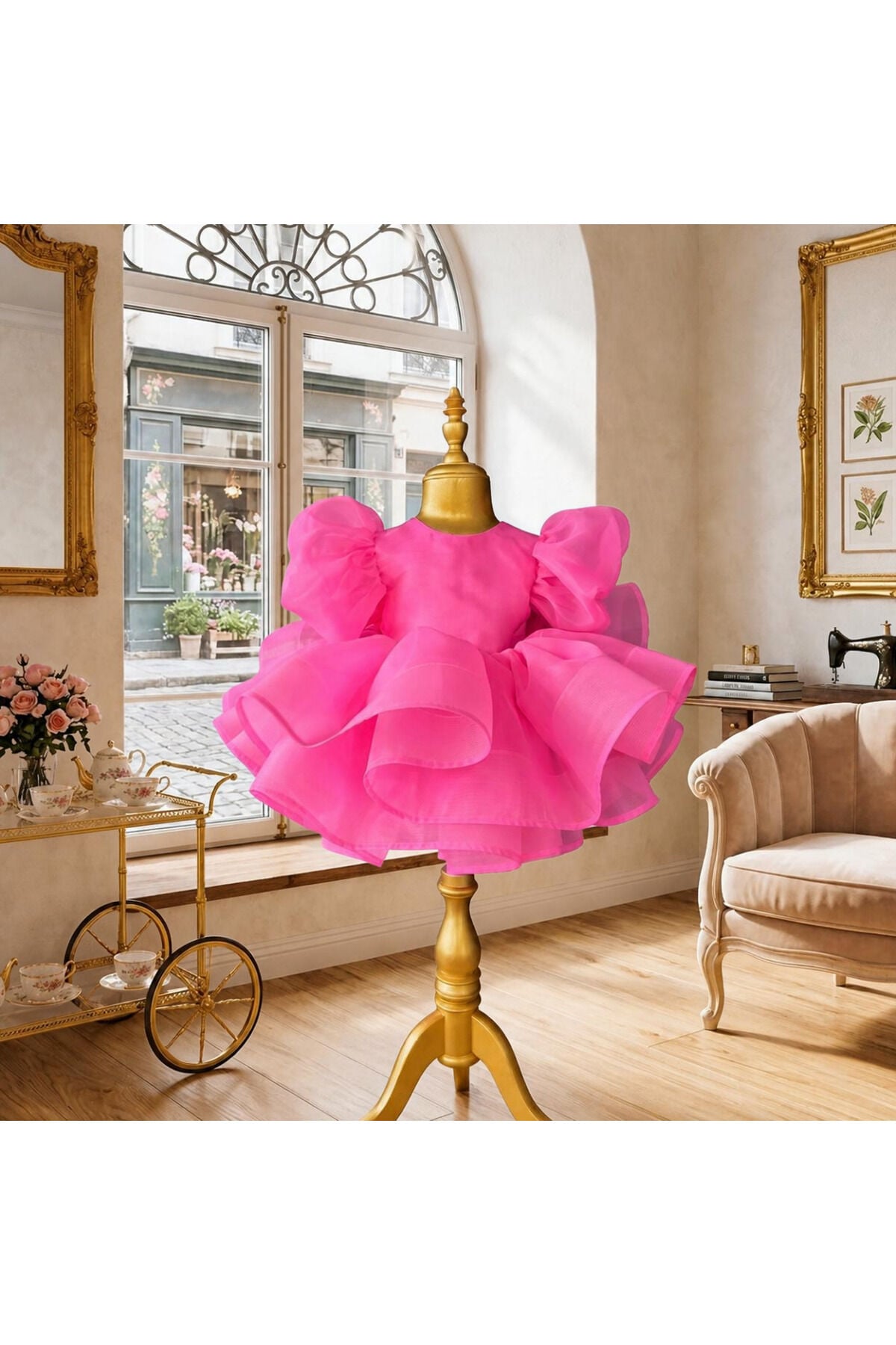Kız Çocuk Balon Kol Fiyonklu Tütü Prenses Elbise - Şeker Pembe