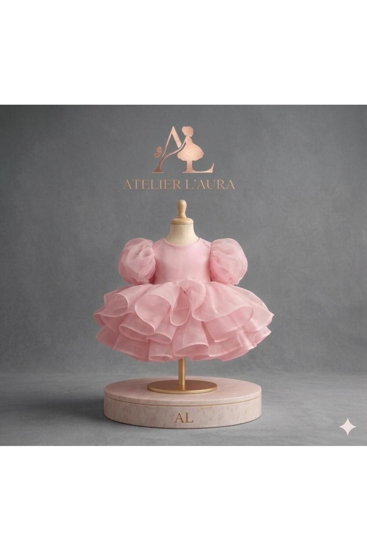 Kız Çocuk Balon Kol Fiyonklu Tütü Prenses Elbise - Toz Pembe 3-4 Yaş