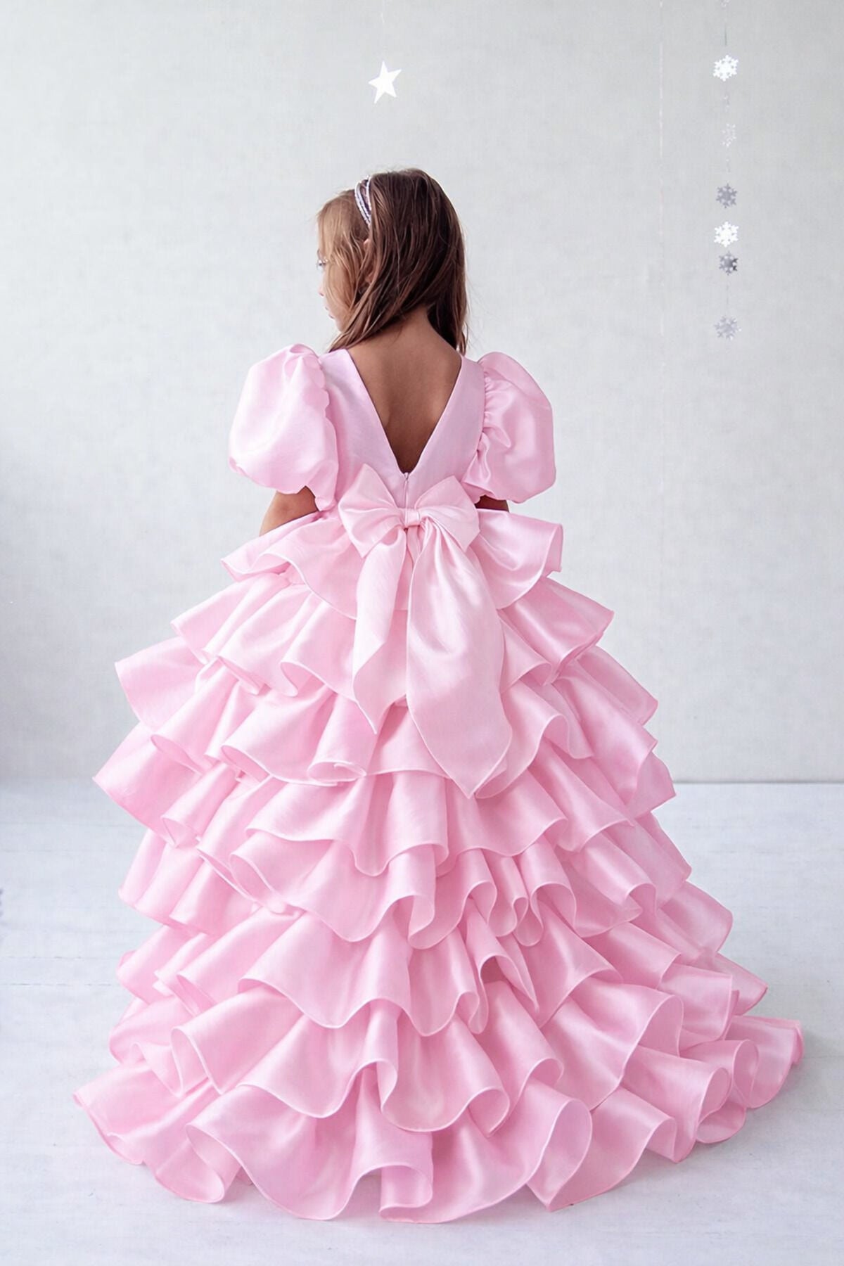 Kız Çocuk Saten Çıkarılabilir Kuyruklu Fırfırlı Elbise - Pembe 5-6 Yaş