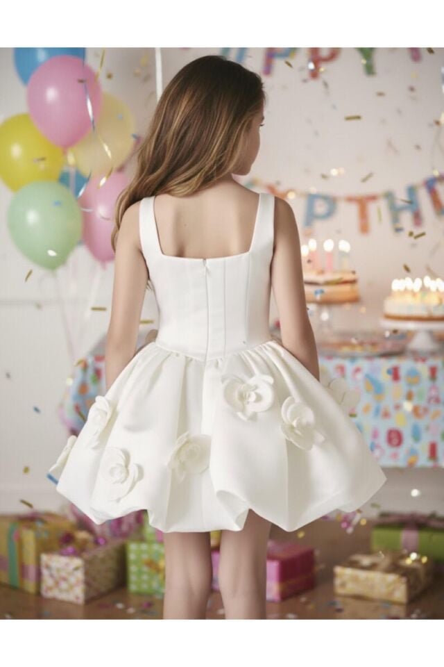 Kız Çocuk Kare Yaka Balon Elbise - Beyaz 9-10 Yaş