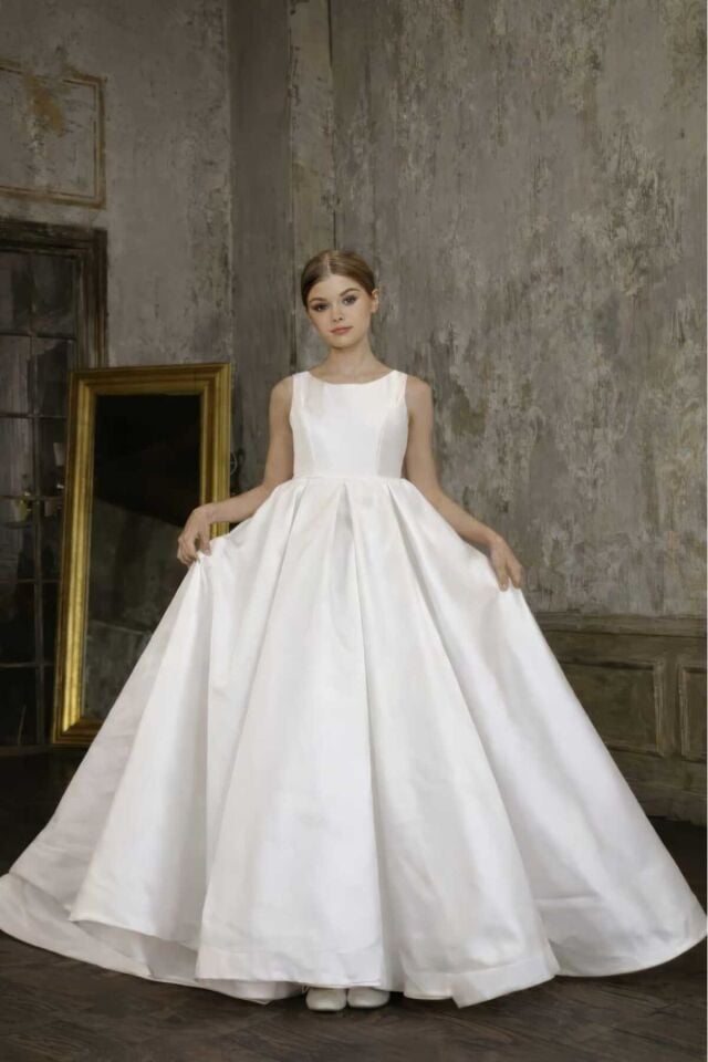 Kız Çocuk Prenses Model Abiye Elbise ve Toka - Beyaz 7-8 Yaş